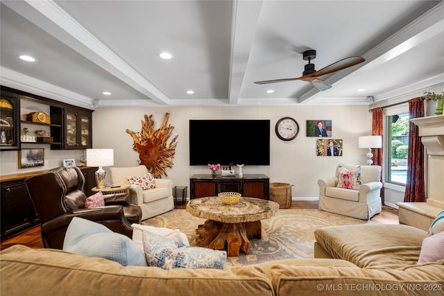 4728 S Atlanta Pl, Tulsa, OK 74105 - living room featuring a ceiling fan, wood finished floors, beamed ceiling, ornamental molding, and recessed lighting