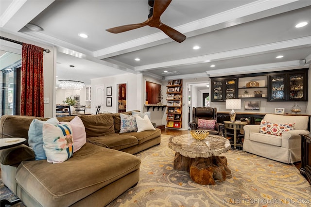 4728 S Atlanta Pl, Tulsa, OK 74105 - living area featuring beam ceiling, crown molding, recessed lighting, and ceiling fan