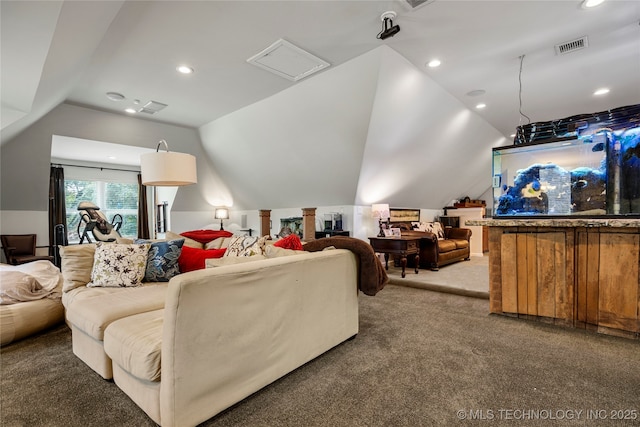 4728 S Atlanta Pl, Tulsa, OK 74105 - living area featuring vaulted ceiling, carpet, and recessed lighting