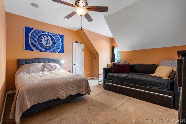 4728 S Atlanta Pl, Tulsa, OK 74105 - bedroom featuring carpet, vaulted ceiling, ceiling fan, and baseboards