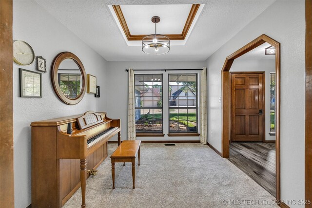2313 W Nashville Ct, Broken Arrow, OK 74012 - entrance foyer with carpet floors, a chandelier, a raised ceiling, baseboards, and a textured ceiling