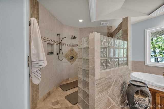 32290 S 630th Rd, Jay, OK 74346 - bathroom featuring a walk in shower, tile walls, and recessed lighting