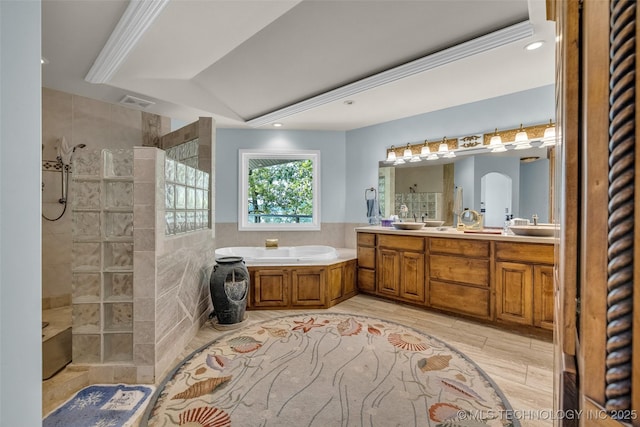 32290 S 630th Rd, Jay, OK 74346 - bathroom with a bath, a walk in shower, double vanity, recessed lighting, and vaulted ceiling