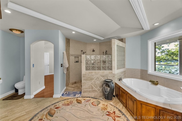 32290 S 630th Rd, Jay, OK 74346 - bathroom featuring walk in shower, a bath, toilet, recessed lighting, and baseboards