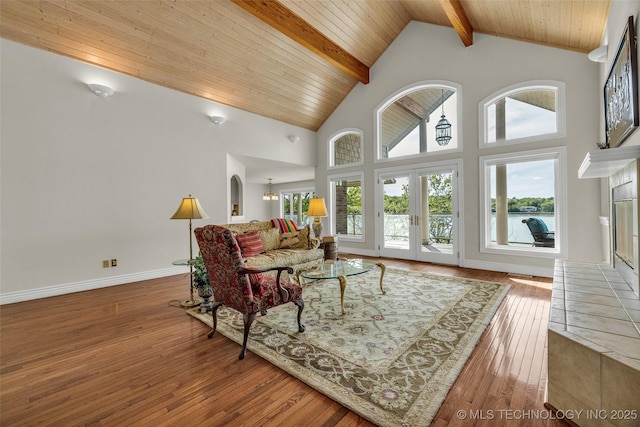 32290 S 630th Rd, Jay, OK 74346 - living room featuring beamed ceiling, wood-type flooring, high vaulted ceiling, wooden ceiling, and baseboards