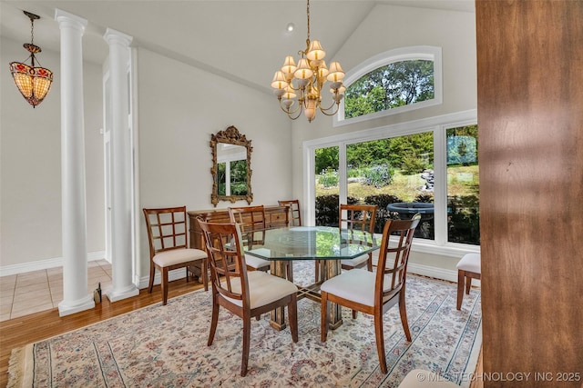 32290 S 630th Rd, Jay, OK 74346 - dining area featuring high vaulted ceiling, wood finished floors, a chandelier, and baseboards