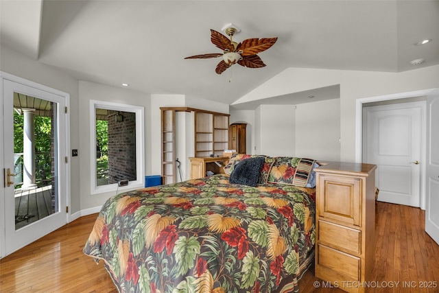 32290 S 630th Rd, Jay, OK 74346 - bedroom with access to outside, light wood-style floors, lofted ceiling, ceiling fan, and recessed lighting