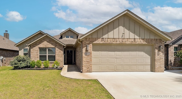 view of front of house featuring board and batten siding, a garage, driveway, a front yard, and roof with shingles
