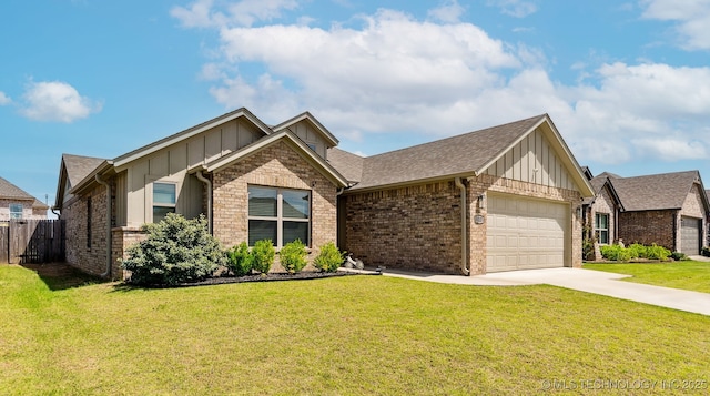 view of front of home featuring board and batten siding, a garage, brick siding, and driveway