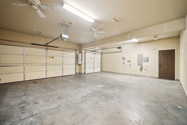 7287 E 111th Pl, Bixby, OK 74008 - garage with electric panel, a garage door opener, and a ceiling fan