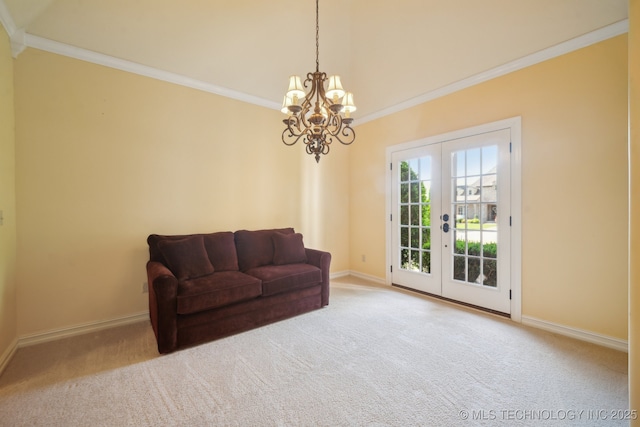 7287 E 111th Pl, Bixby, OK 74008 - sitting room featuring french doors, baseboards, a chandelier, carpet, and ornamental molding