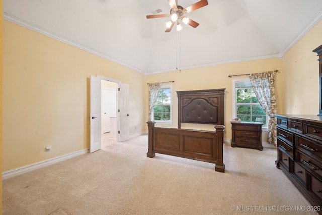 7287 E 111th Pl, Bixby, OK 74008 - bedroom with light carpet, ceiling fan, high vaulted ceiling, ornamental molding, and baseboards