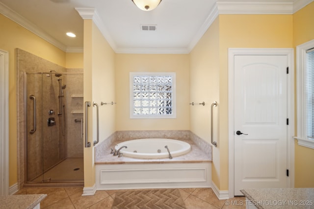 7287 E 111th Pl, Bixby, OK 74008 - full bathroom featuring tile patterned floors, a stall shower, a jetted tub, and crown molding