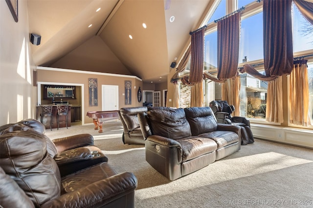 5446 E 88th St, Tulsa, OK 74137 - living room featuring high vaulted ceiling, carpet, and recessed lighting