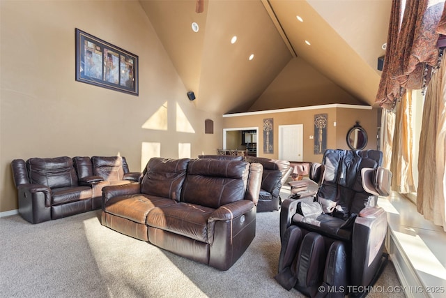 5446 E 88th St, Tulsa, OK 74137 - carpeted home theater room with recessed lighting, high vaulted ceiling, and baseboards