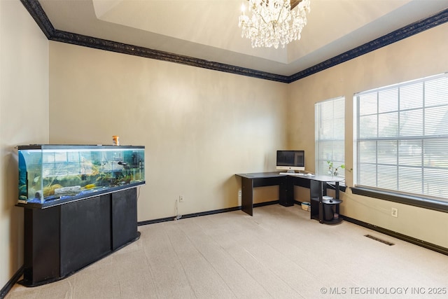 5446 E 88th St, Tulsa, OK 74137 - office space with ornamental molding, a chandelier, light colored carpet, and baseboards