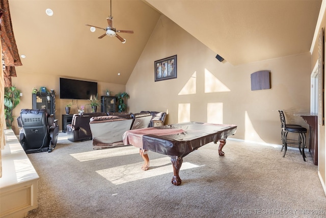 5446 E 88th St, Tulsa, OK 74137 - rec room with carpet, a ceiling fan, pool table, high vaulted ceiling, and baseboards