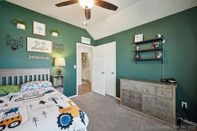 3854 E 144th St S, Bixby, OK 74008 - bedroom featuring vaulted ceiling, carpet flooring, a ceiling fan, and baseboards