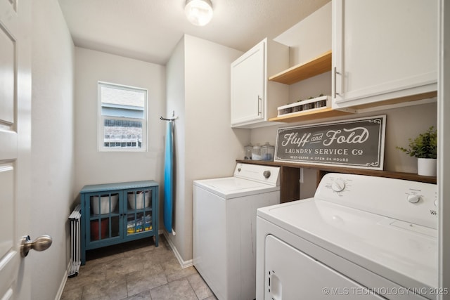 3854 E 144th St S, Bixby, OK 74008 - clothes washing area featuring washer and clothes dryer, cabinet space, baseboards, and radiator heating unit