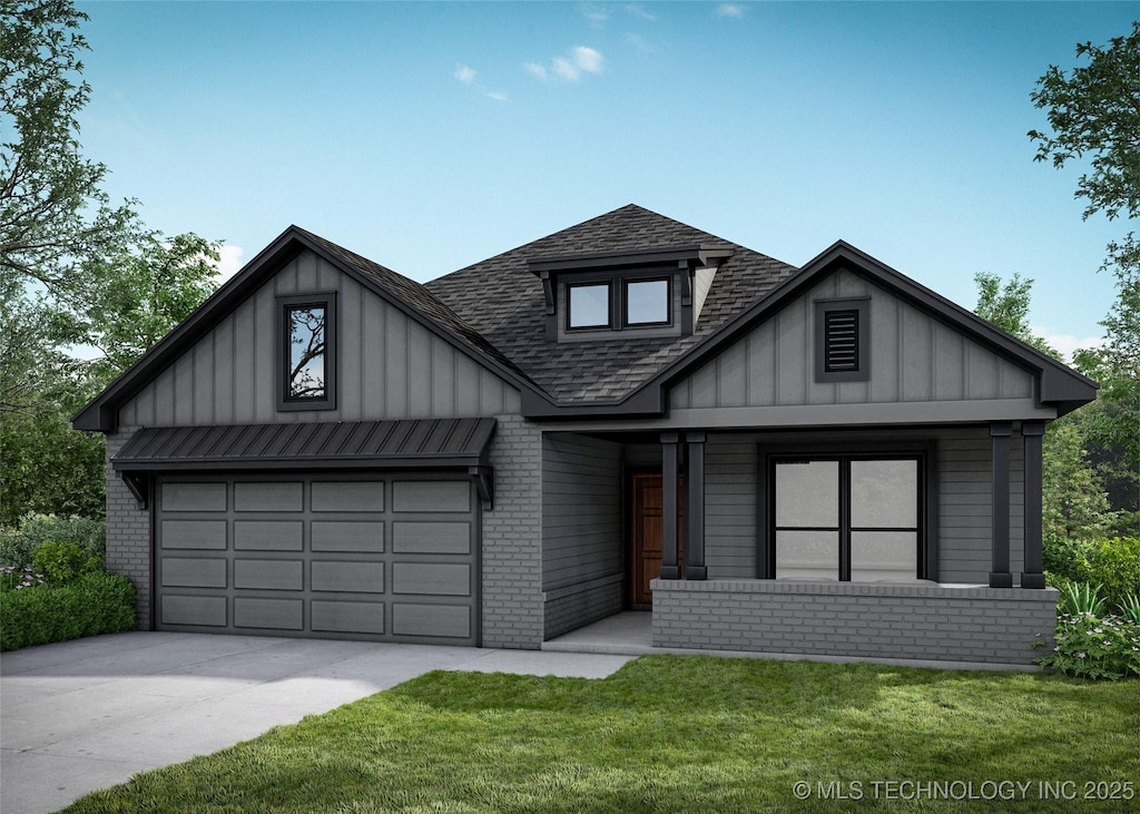 12026 E 106th Pl, Owasso, OK 74055 - view of front facade with board and batten siding, brick siding, roof with shingles, and concrete driveway