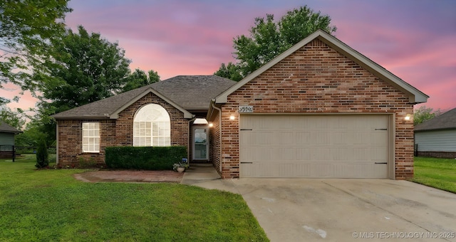 29901 E 137th Pl, Coweta, OK 74429 - ranch-style house featuring brick siding, a garage, a front lawn, concrete driveway, and a shingled roof