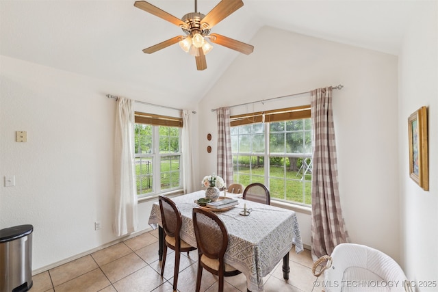 29901 E 137th Pl, Coweta, OK 74429 - dining room with light tile patterned floors, ceiling fan, and high vaulted ceiling