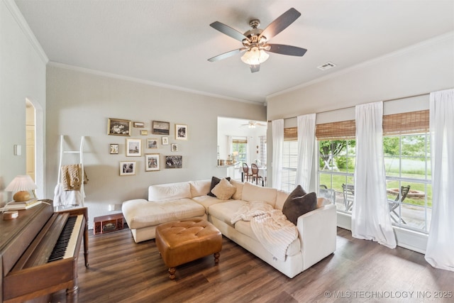 29901 E 137th Pl, Coweta, OK 74429 - living area with ceiling fan, crown molding, plenty of natural light, and dark wood finished floors