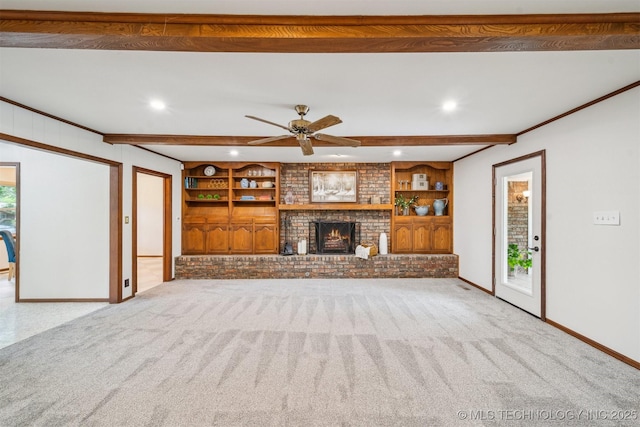 6123 E 53rd St, Tulsa, OK 74135 - unfurnished living room featuring beam ceiling, carpet floors, ceiling fan, a fireplace, and recessed lighting