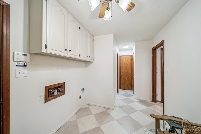 6123 E 53rd St, Tulsa, OK 74135 - laundry area with cabinet space, light flooring, hookup for a washing machine, a ceiling fan, and electric dryer hookup