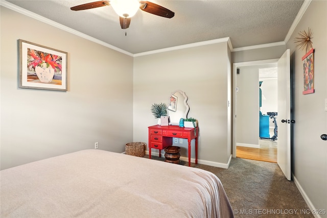 300 Michele, Calera, OK 74730 - bedroom with carpet, crown molding, a textured ceiling, baseboards, and ceiling fan