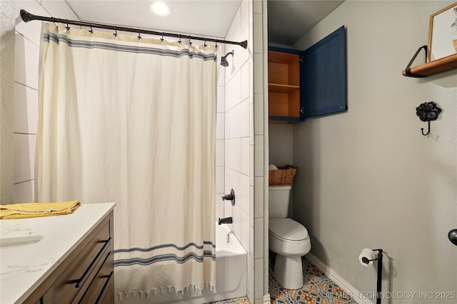 300 Michele, Calera, OK 74730 - bathroom featuring baseboards, toilet, shower / bath combo with shower curtain, and vanity