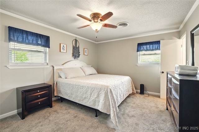 300 Michele, Calera, OK 74730 - bedroom featuring crown molding, a textured ceiling, light carpet, baseboards, and a ceiling fan