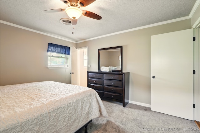 300 Michele, Calera, OK 74730 - bedroom with light carpet, crown molding, a textured ceiling, ceiling fan, and baseboards
