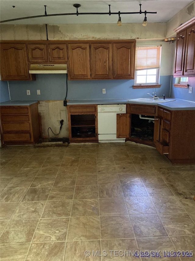 10813 E 34th Pl, Tulsa, OK 74146 - kitchen with white dishwasher, a sink, under cabinet range hood, and light countertops