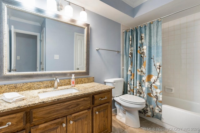 bathroom featuring ornamental molding, vanity, toilet, tile patterned flooring, and shower / tub combo