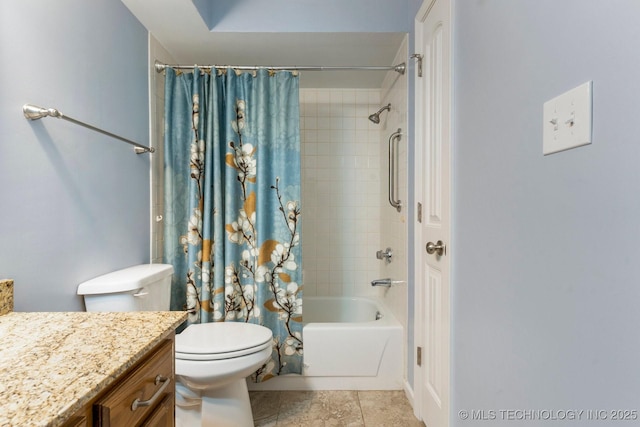 full bath featuring shower / tub combo, vanity, toilet, and tile patterned floors