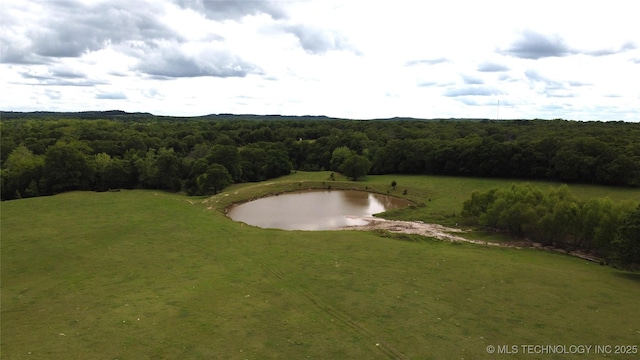 bird's eye view of a heavily wooded area and a large body of water