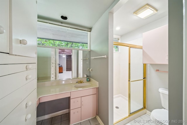 3219 S Birmingham Ave, Tulsa, OK 74105 - full bathroom with a shower stall, tile patterned floors, toilet, vanity, and baseboards
