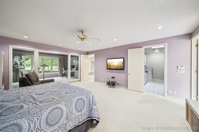 3219 S Birmingham Ave, Tulsa, OK 74105 - bedroom featuring carpet, recessed lighting, connected bathroom, baseboards, and ceiling fan