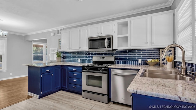 711 N SW, Ardmore, OK 73401 - kitchen with stainless steel appliances, a sink, a peninsula, white cabinetry, and decorative backsplash