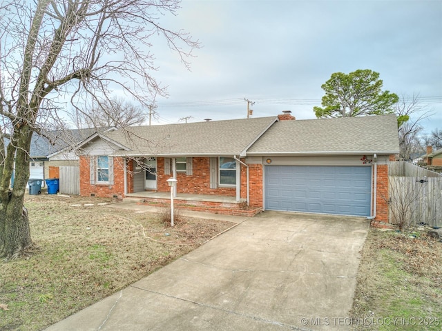 single story home featuring brick siding, a garage, driveway, fence, and a porch