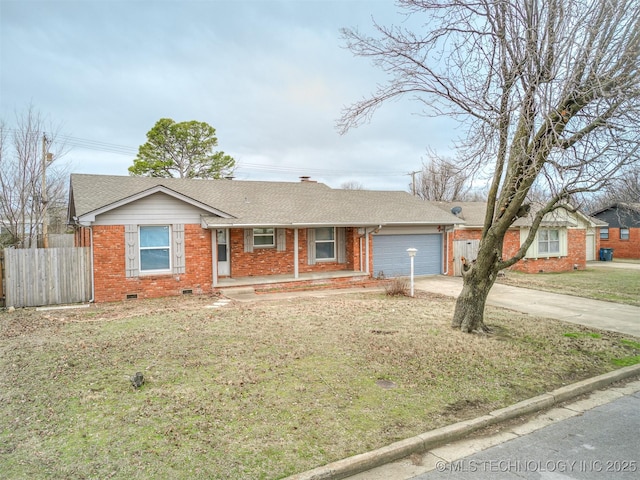 ranch-style house with brick siding, concrete driveway, a garage, crawl space, and roof with shingles