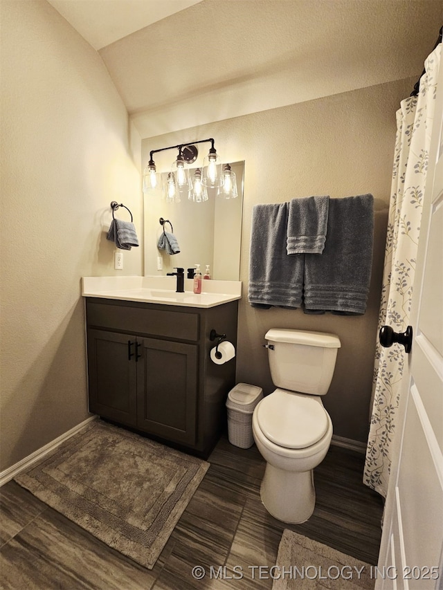 2721 S 8th St E, Broken Arrow, OK 74012 - bathroom with vanity, vaulted ceiling, and wood finished floors