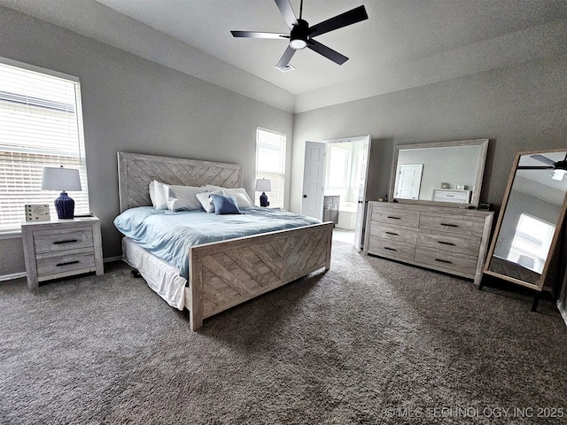 2721 S 8th St E, Broken Arrow, OK 74012 - carpeted bedroom featuring multiple windows, vaulted ceiling, a ceiling fan, and ensuite bath