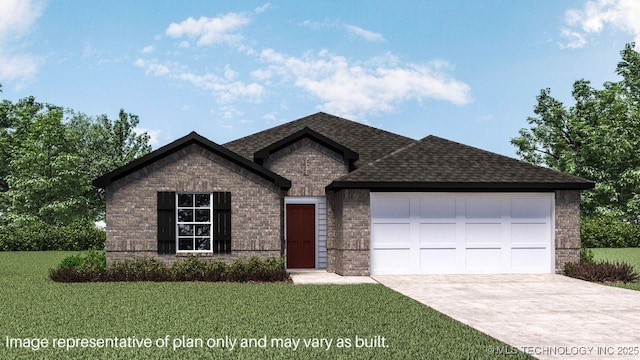2129 E Vandalia St, Broken Arrow, OK 74127 - view of front facade featuring concrete driveway, an attached garage, a front yard, roof with shingles, and brick siding
