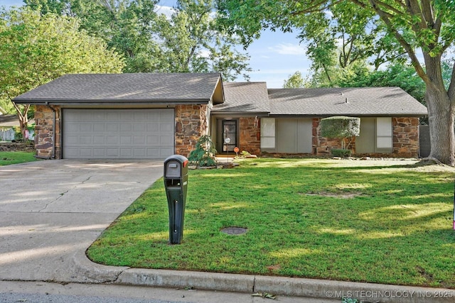 3719 E 84th St, Tulsa, OK 74137 - mid-century home with stone siding, an attached garage, driveway, a front lawn, and roof with shingles