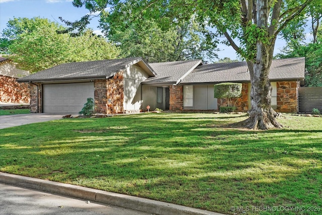 3719 E 84th St, Tulsa, OK 74137 - view of front of property featuring stone siding, an attached garage, and a front lawn