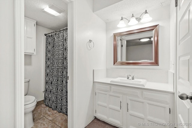 3719 E 84th St, Tulsa, OK 74137 - full bath featuring a textured ceiling, toilet, vanity, and curtained shower