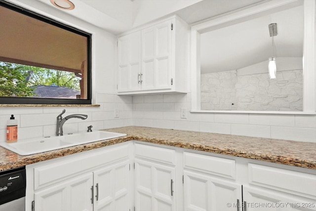 3719 E 84th St, Tulsa, OK 74137 - kitchen featuring a sink, tasteful backsplash, white cabinetry, dishwasher, and light stone counters