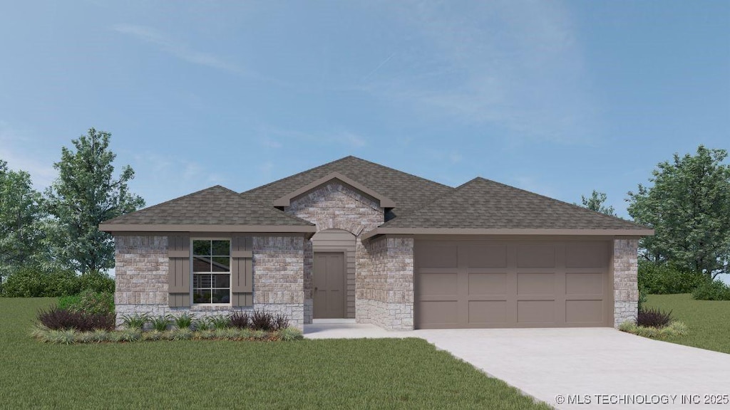 view of front of house with stone siding, an attached garage, driveway, a front yard, and roof with shingles